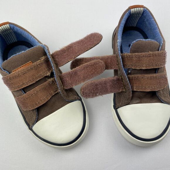 ~ Tommy Hilfiger Kids Sneakers 7 Brown Canvas Rubber Hook & Loop Blue ~ - Picture 11 of 14